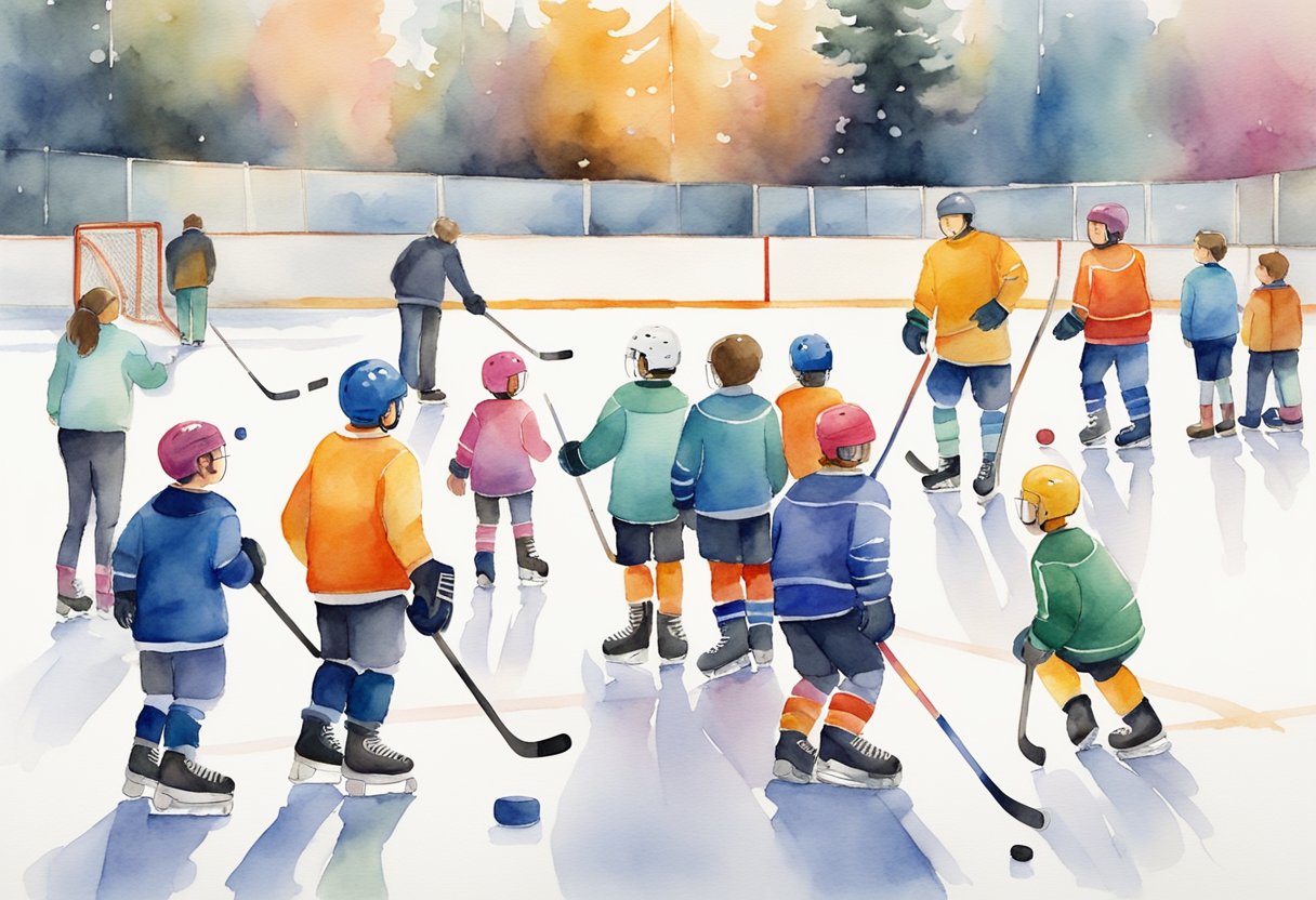 A group of children and parents gather around a hockey rink, with colorful equipment and a friendly coach guiding them through the basics of the sport