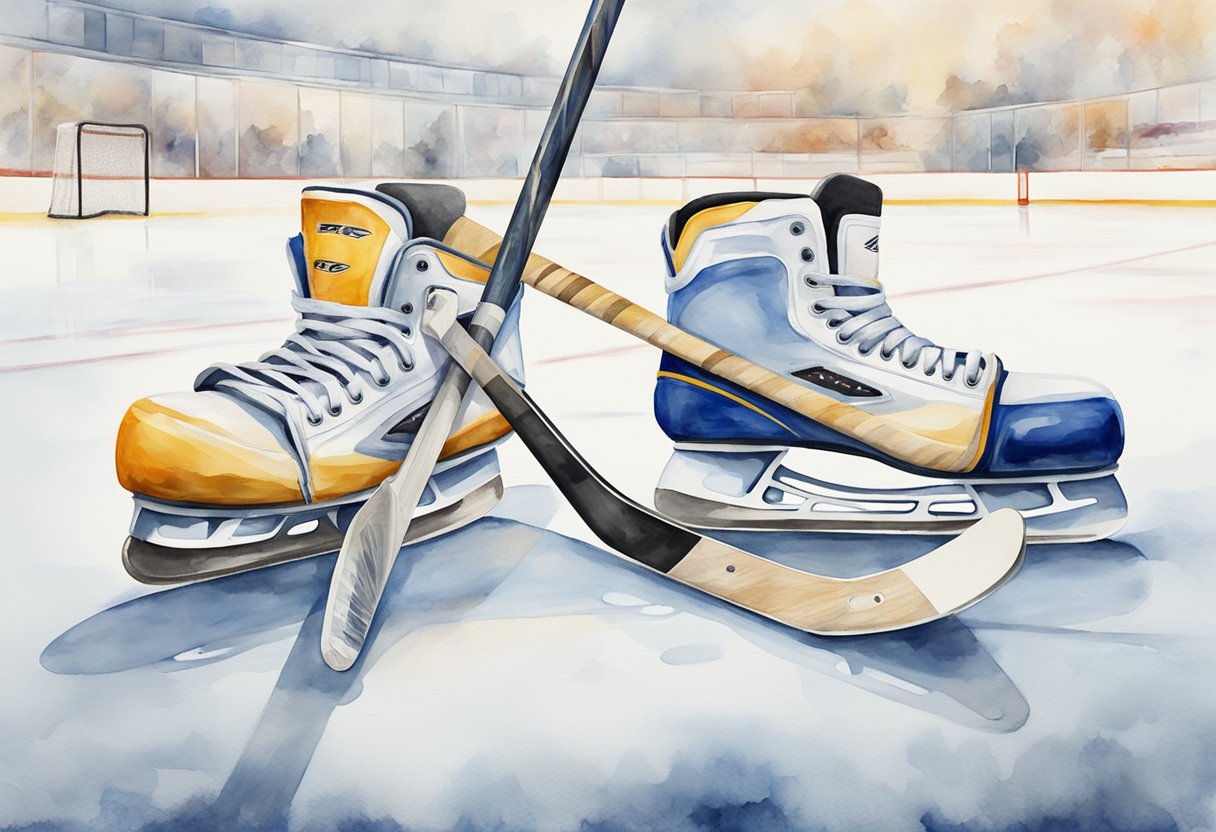 A hockey stick, puck, and skates arranged on a clean, white ice rink with a goal in the background