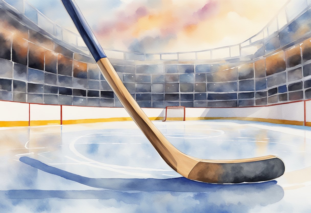 A hockey stick, puck, and goal on an ice rink with a scoreboard in the background