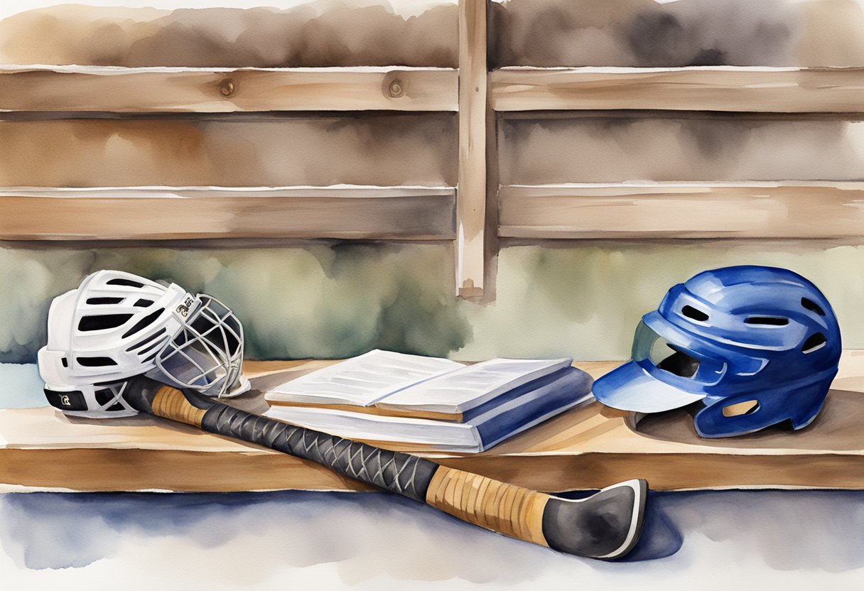 A hockey stick, puck, and helmet lay on a wooden bench next to a rulebook and a pair of skates