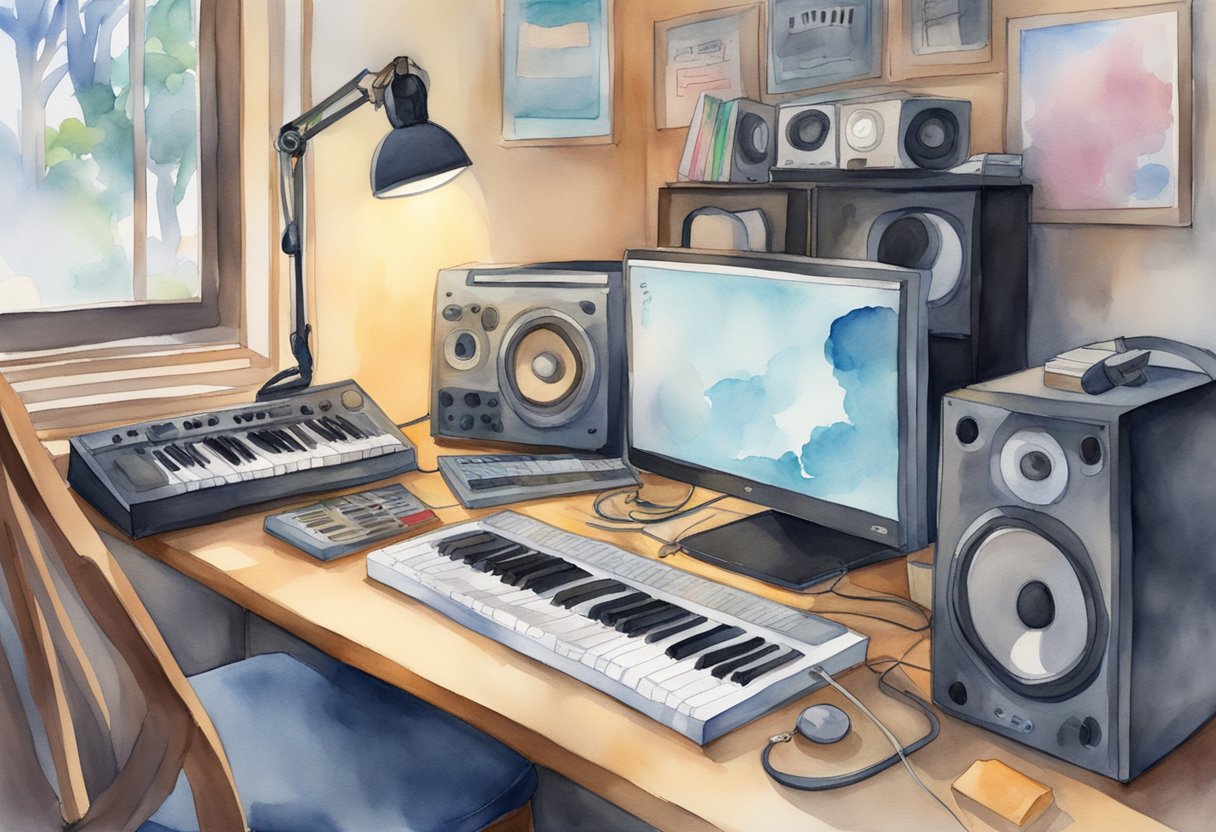 A cluttered desk with a laptop, MIDI keyboard, headphones, and various audio equipment. A window lets in natural light, and a poster of a music icon hangs on the wall