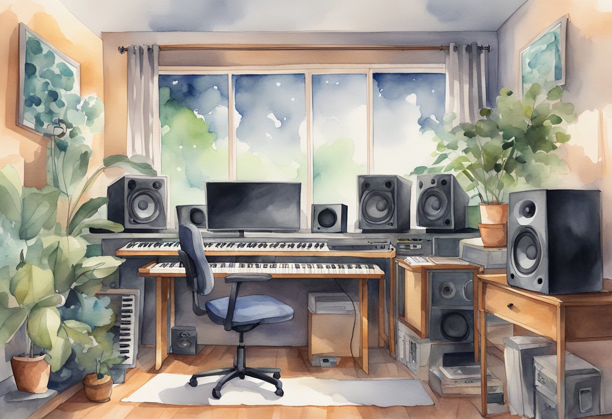 A home studio setup with a computer, MIDI keyboard, audio interface, and studio monitors, surrounded by musical instruments and soundproofing panels