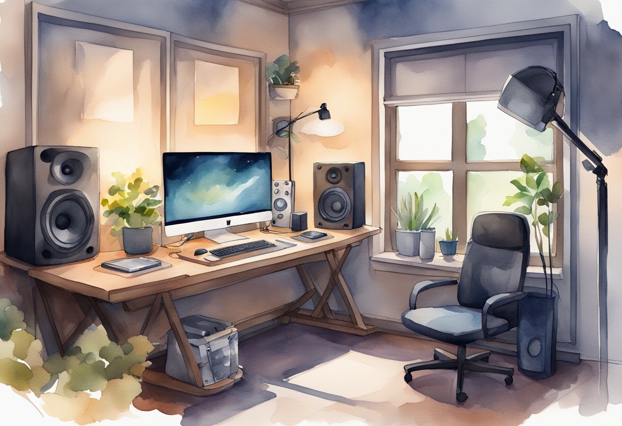 A cozy home studio with a desk, computer, keyboard, speakers, and microphone. Soft lighting and soundproofing panels create a comfortable and inspiring space for music production