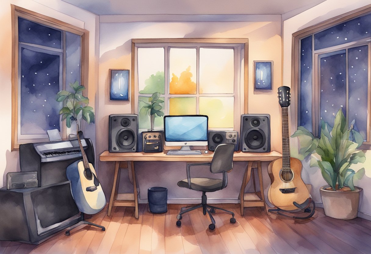 A cozy home studio with a computer, MIDI keyboard, studio monitors, and microphone set up on a desk. A guitar and headphones are hanging on the wall