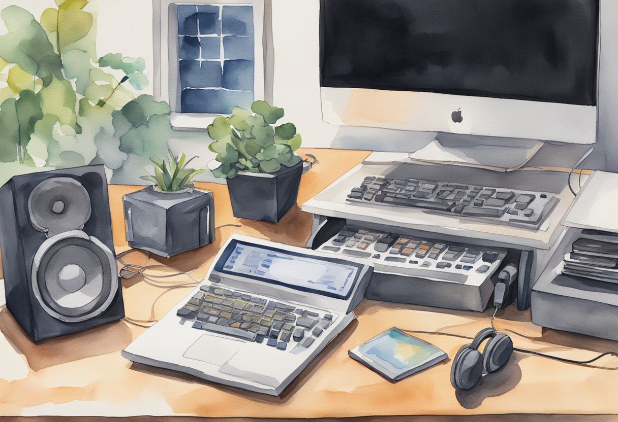 A desk with a computer, audio interface, and sound card. Headphones and a microphone sit nearby. A book titled "Beginner's Guide to Music Production as a Hobby" is open on the desk