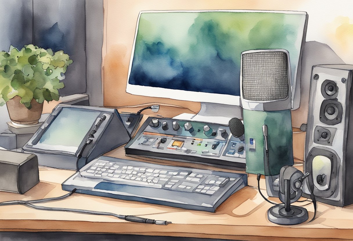 A desk with a computer, audio interface, and microphone set up for recording. A book titled "Microphones and Recording Techniques Beginner's Guide to Music Production as a Hobby" is open on the desk