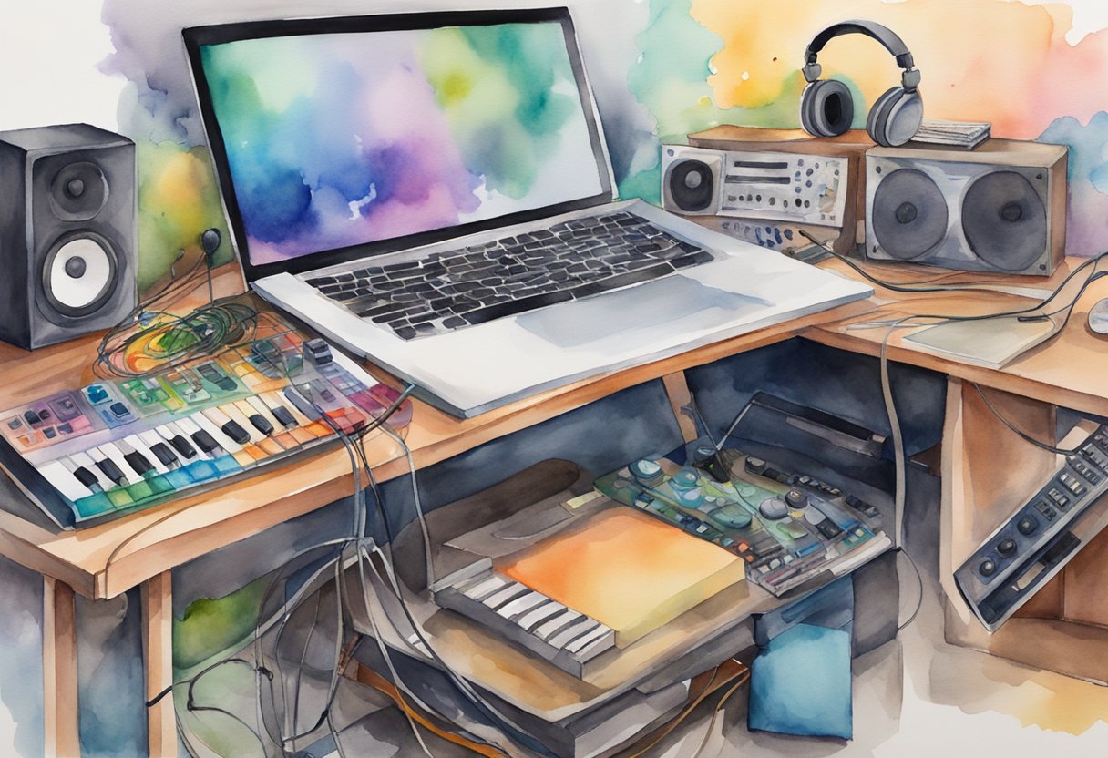 A cluttered desk with a laptop, MIDI keyboard, and electronic instruments. Cables and headphones are scattered around. Posters of music icons adorn the walls