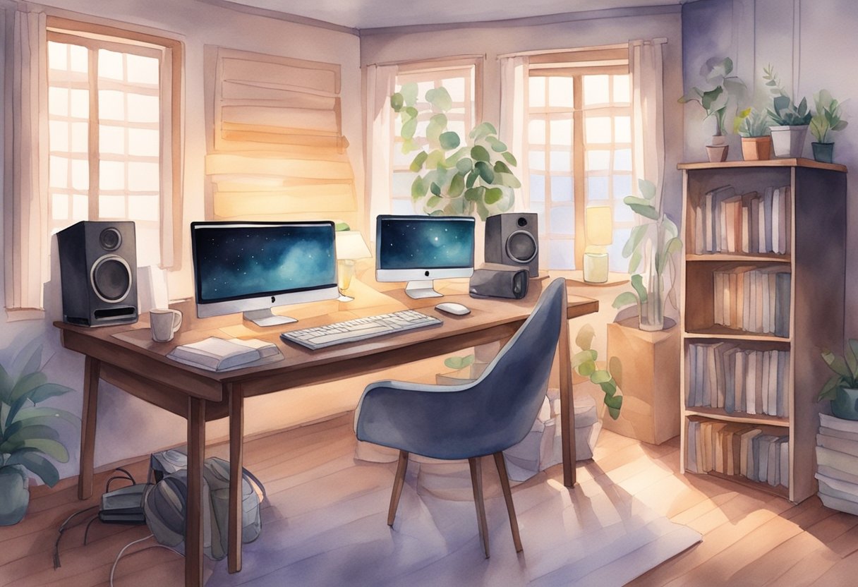 A cozy home studio with a desk, computer, MIDI keyboard, and music theory books. Soft lighting and headphones create a focused atmosphere for music production