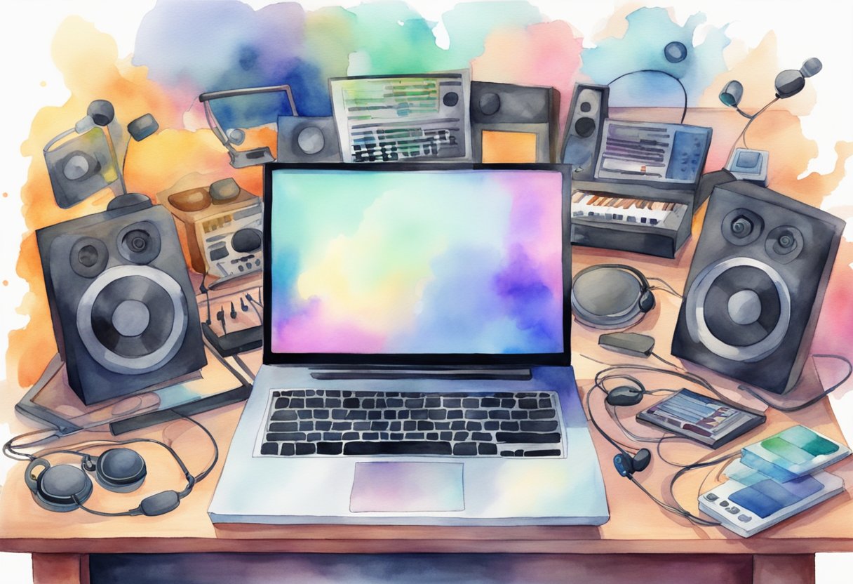 A cluttered desk with a laptop, MIDI keyboard, headphones, and various music production equipment. Colorful sound waves and music notes float in the air