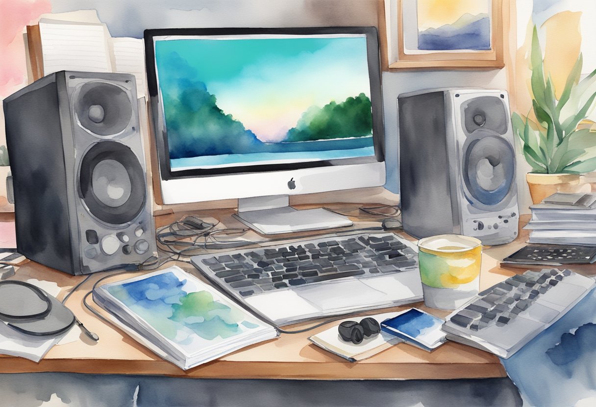 A cluttered desk with a laptop, MIDI keyboard, and headphones. Music production software and reference books scattered around