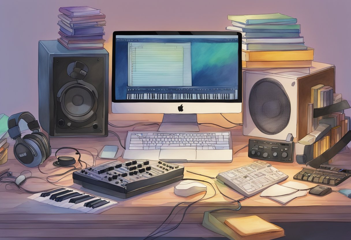 A cluttered desk with a laptop, MIDI keyboard, headphones, and music production software open, surrounded by books on music theory and sound engineering