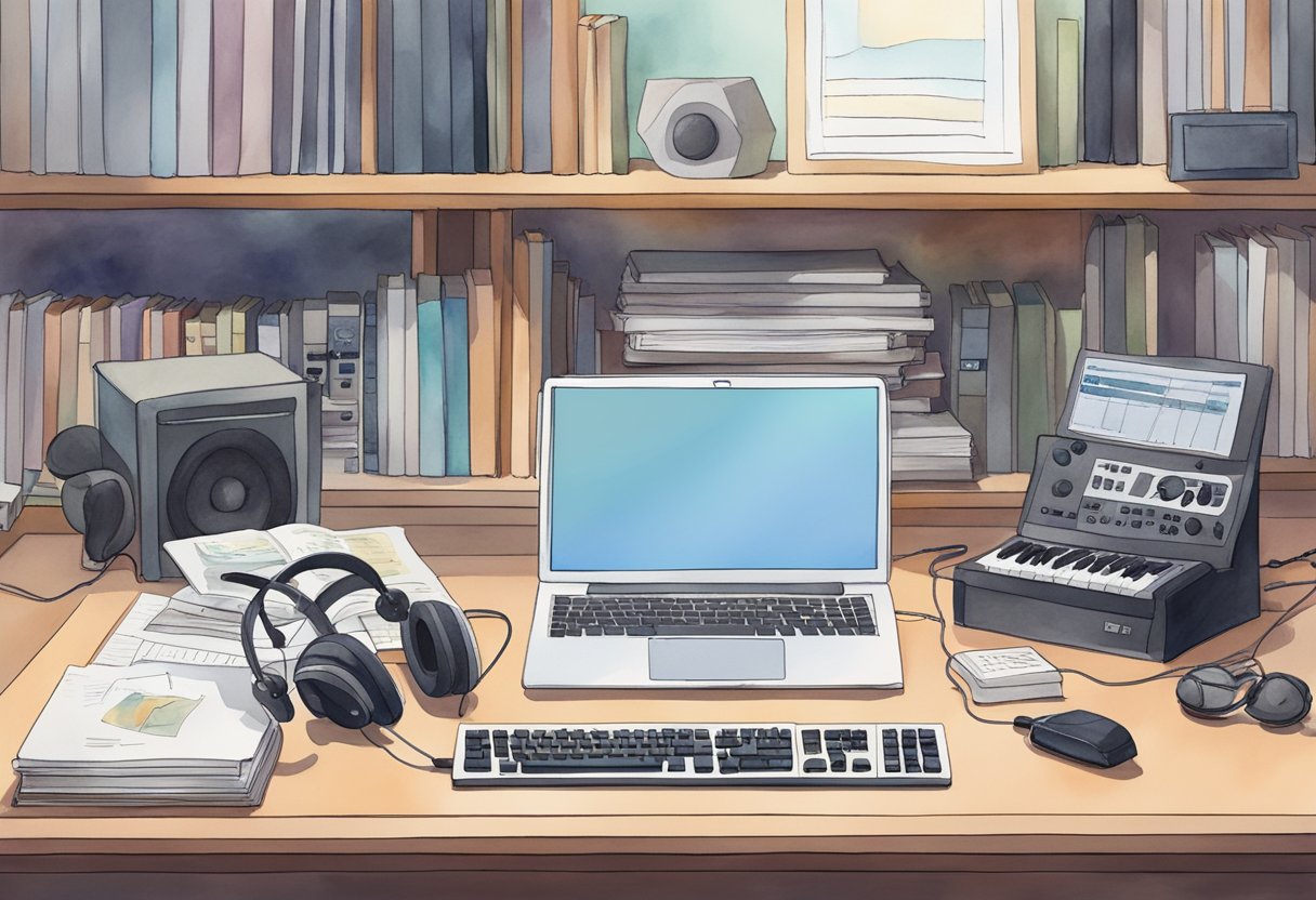 A cluttered desk with a laptop, MIDI keyboard, headphones, and music production software open. A stack of books labeled "Beginner's Guide to Music Production" sits nearby