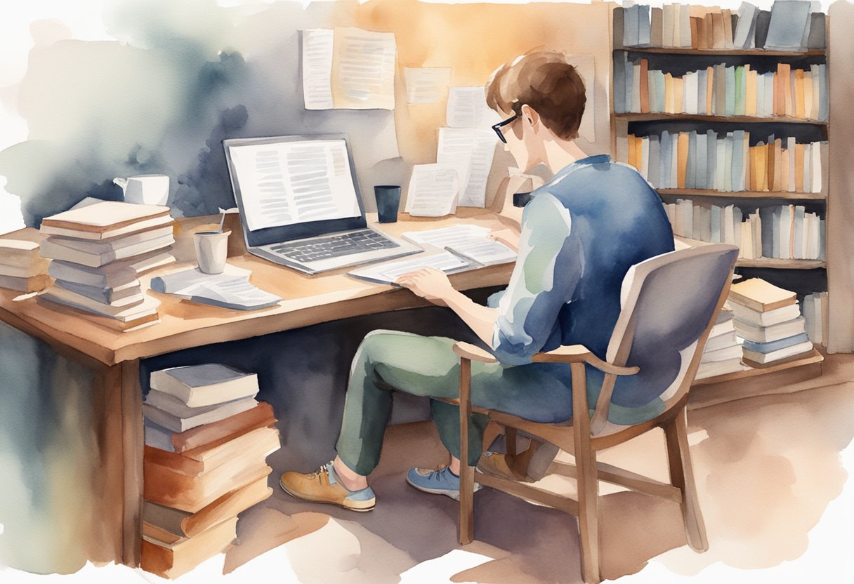 A person sitting at a desk with a computer, surrounded by books and notes, while engaging with an online course on Teachable