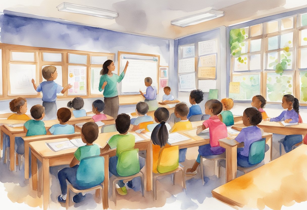 A bright, welcoming classroom setting with a whiteboard and colorful educational materials, surrounded by eager and attentive students