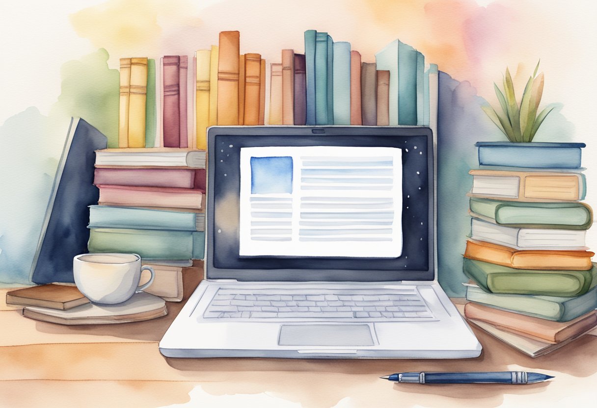 A laptop with the Teachable website open, surrounded by books and a notepad with a pen