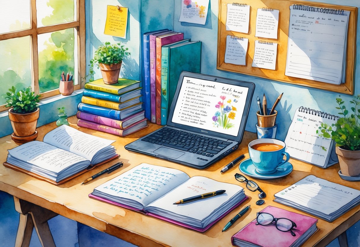 A cozy writing workspace with a notebook, typewriter, journals, pen, laptop, tea cup, poetry books, bulletin board with notes, calendar, glasses, and a small plant on a wooden desk.