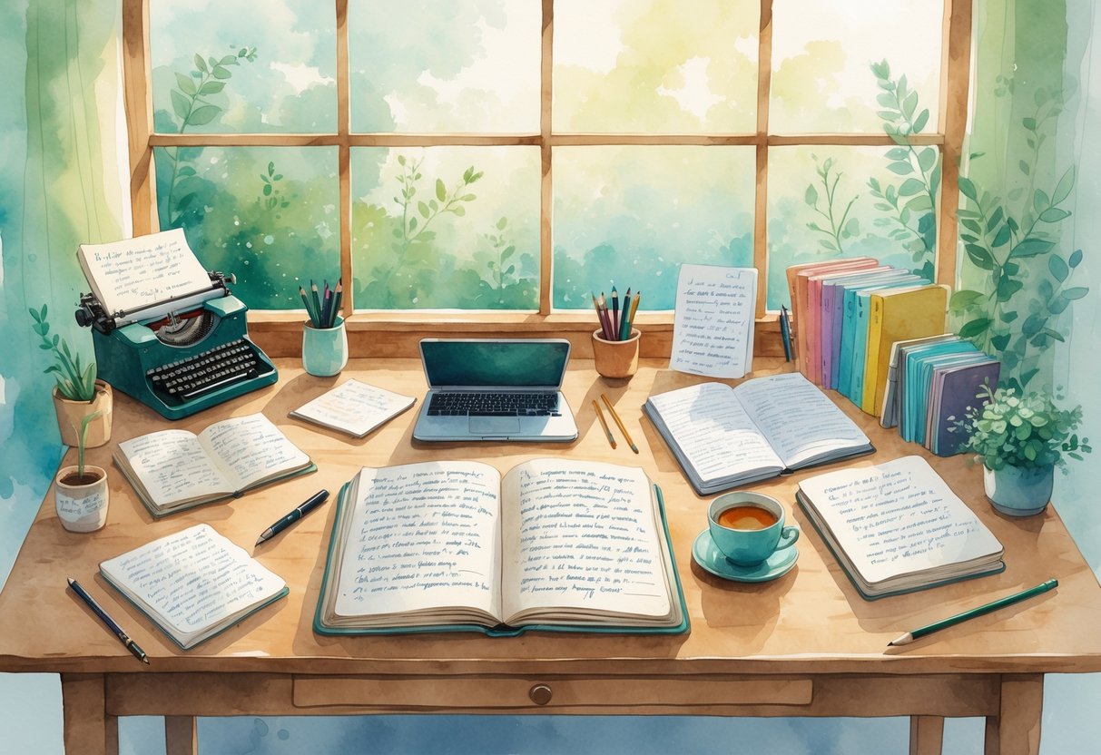 A person writing in a notebook at a wooden desk near a window with various writing tools and books around them.