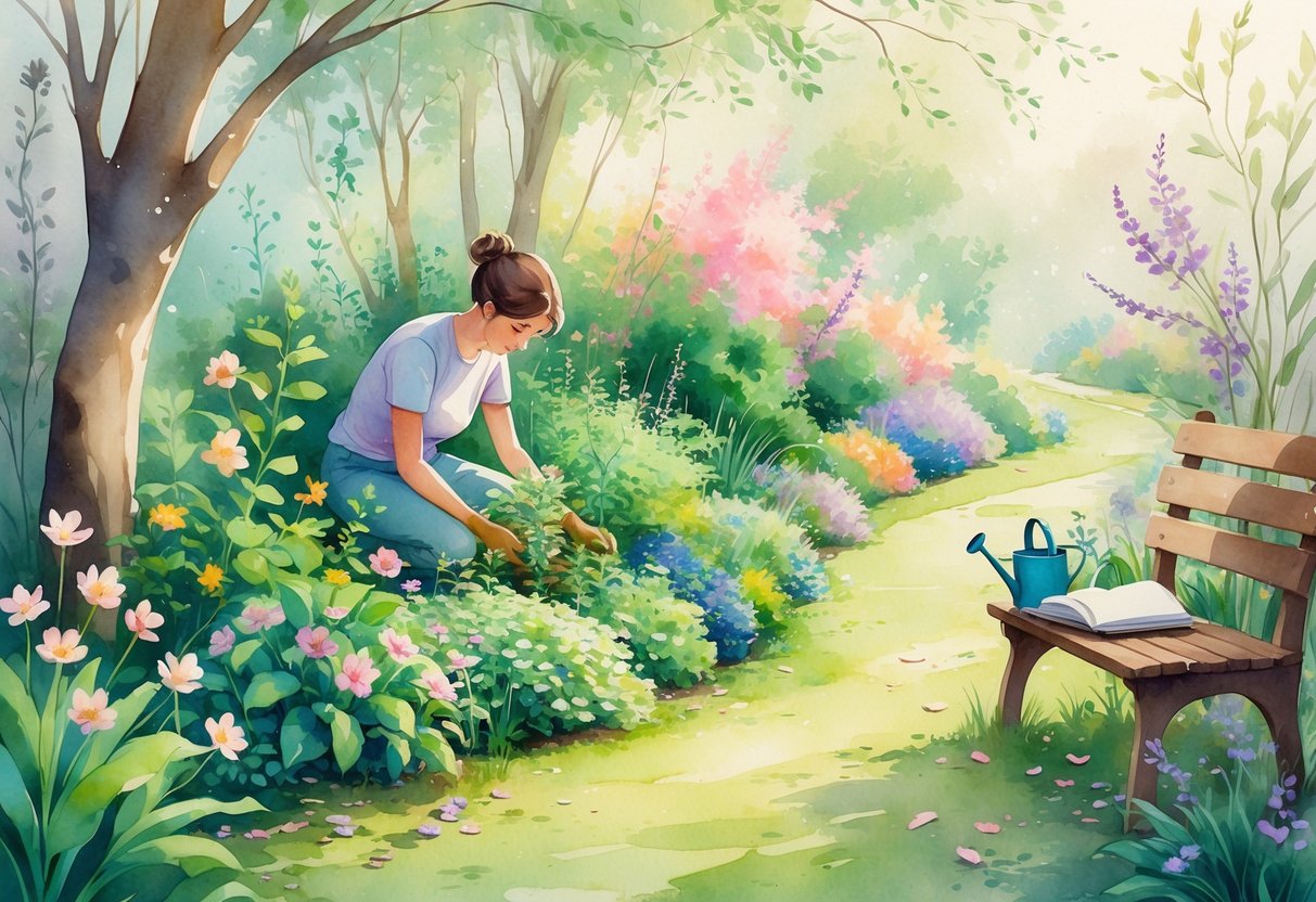 A person quietly gardening among colorful flowers and plants with a notebook and pen resting nearby on a bench in a peaceful garden.