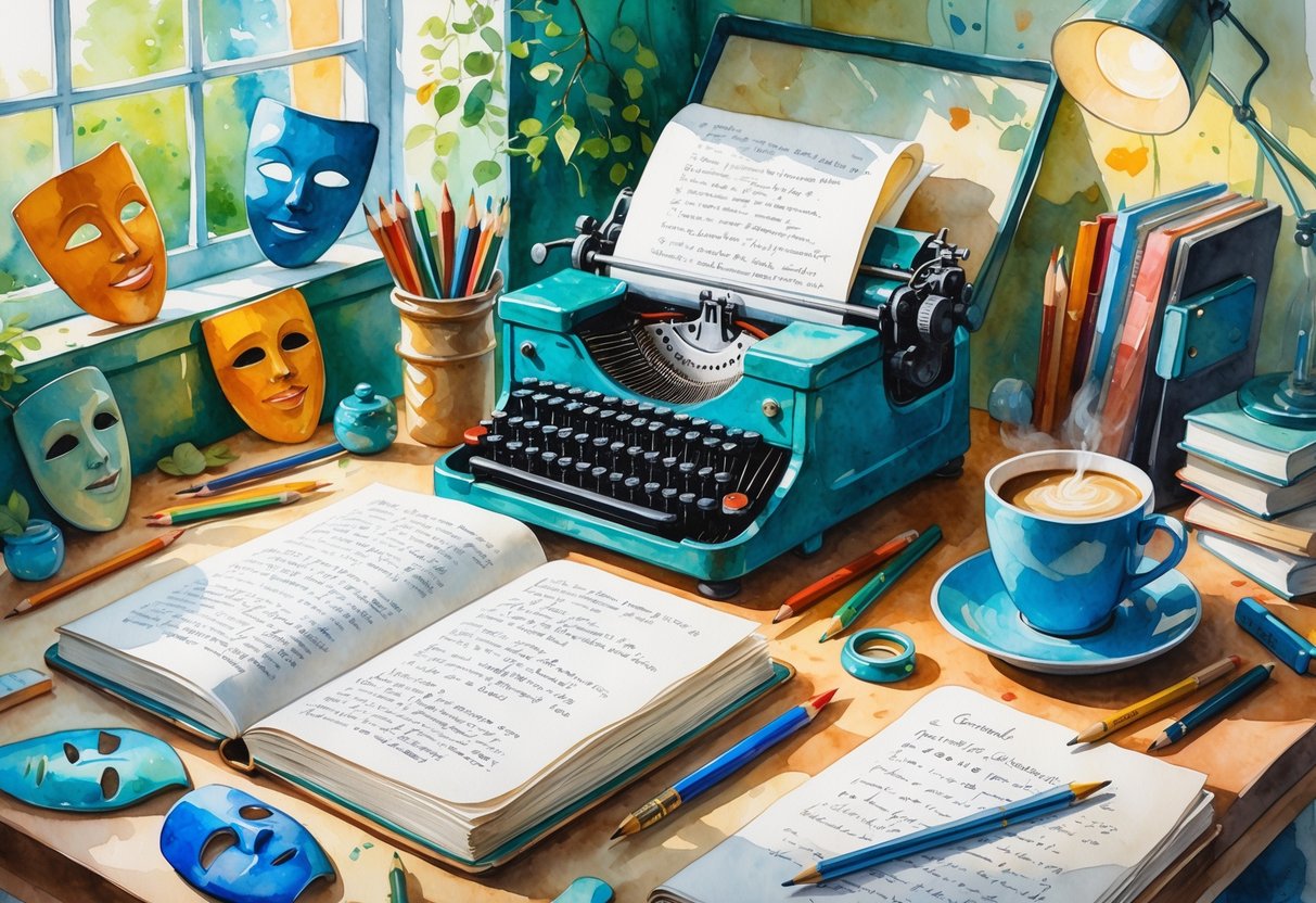 A creative workspace with an open notebook, typewriter, pens, theater masks, and a film clapperboard arranged on a table near a window.