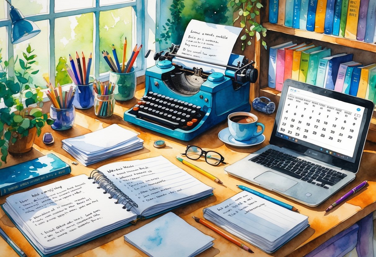 A cozy workspace with writing tools including a notebook, typewriter, pens, coffee cup, books, laptop, calendar, glasses, and a plant on a wooden desk near a window.