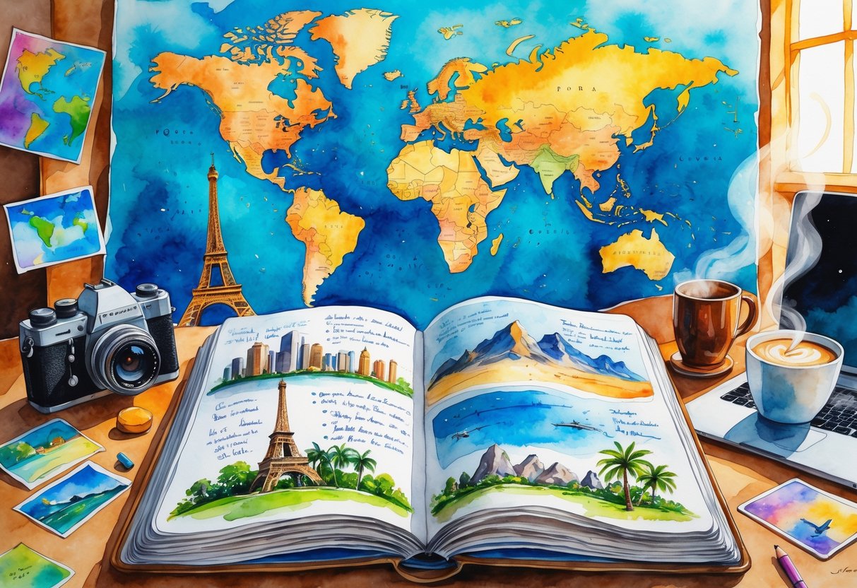 A cozy scene with an open journal, camera, coffee cup, postcards, laptop, and a world map with pins marking travel destinations.