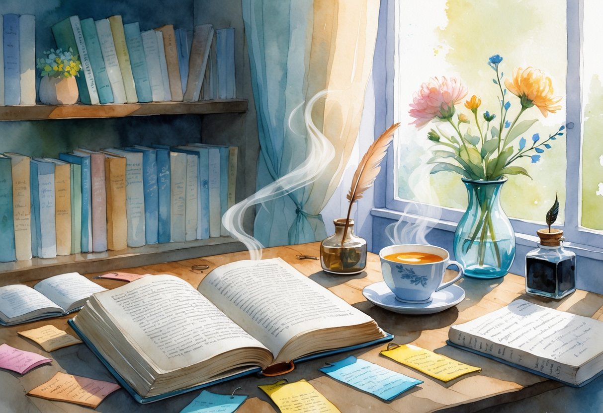 A cozy reading nook with an open book on a wooden table, a cup of tea, fresh flowers in a vase, and shelves filled with books and writing materials.