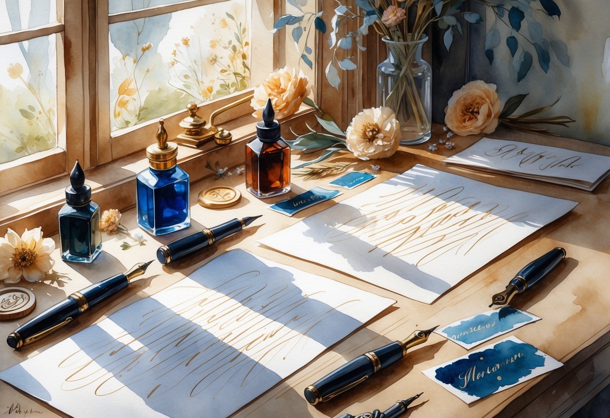 A cozy workspace with writing tools, ink bottles, and sheets of paper featuring artistic handwritten lettering on a wooden desk.