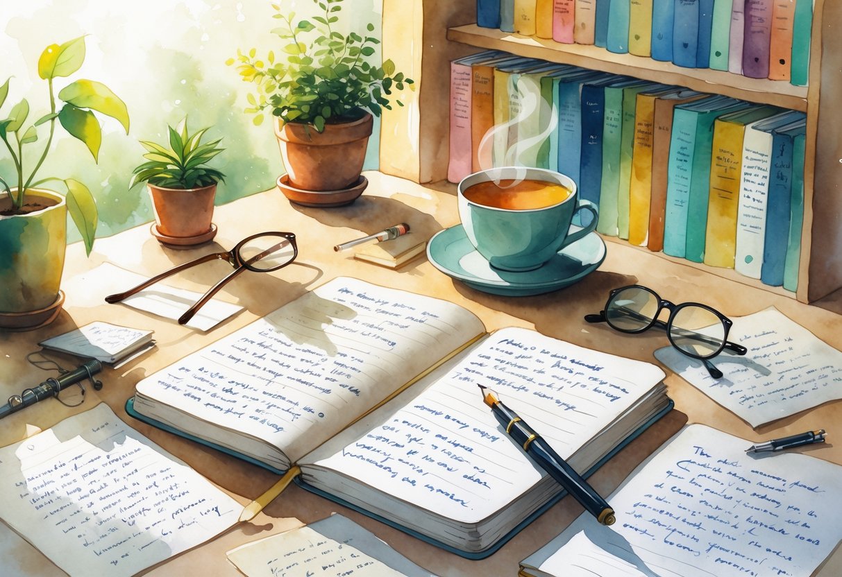 A cozy writing nook with an open notebook, fountain pen, tea cup, potted plant, reading glasses, and a bookshelf filled with books.