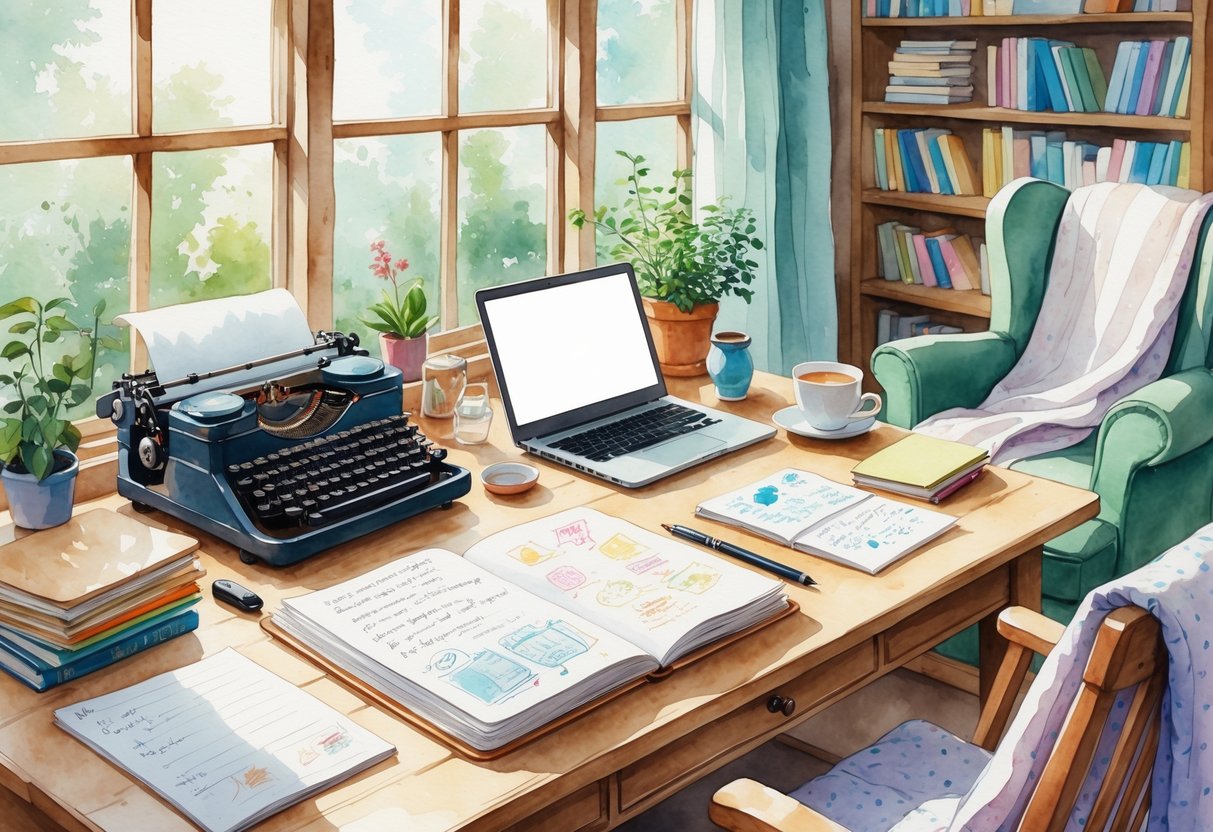 A cozy desk by a window with an open notebook, pen, typewriter, laptop, books, and a cup of tea, surrounded by writing tools and a plant.