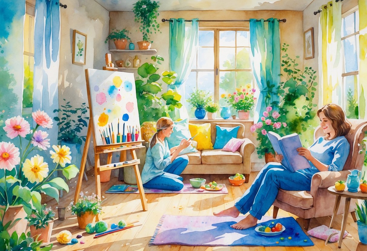 A cozy home scene showing parents engaged in various hobbies like painting, gardening, knitting, reading, cooking, playing music, photography, and yoga.