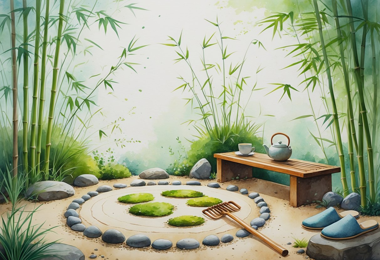 A peaceful zen garden with raked sand, stones, moss, bamboo plants, and a cozy house in the background.