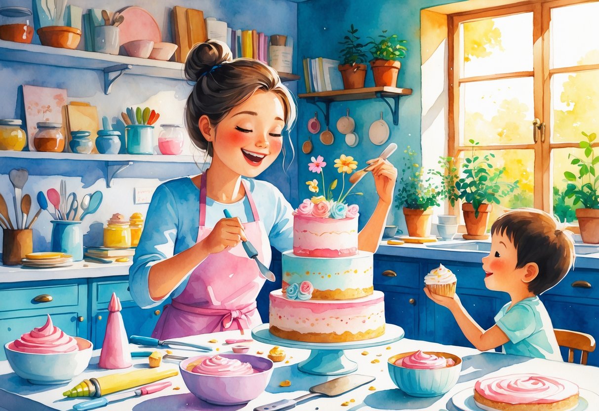 A parent decorating a multi-tiered cake in a cozy kitchen while a child watches, with baking tools and ingredients around them.
