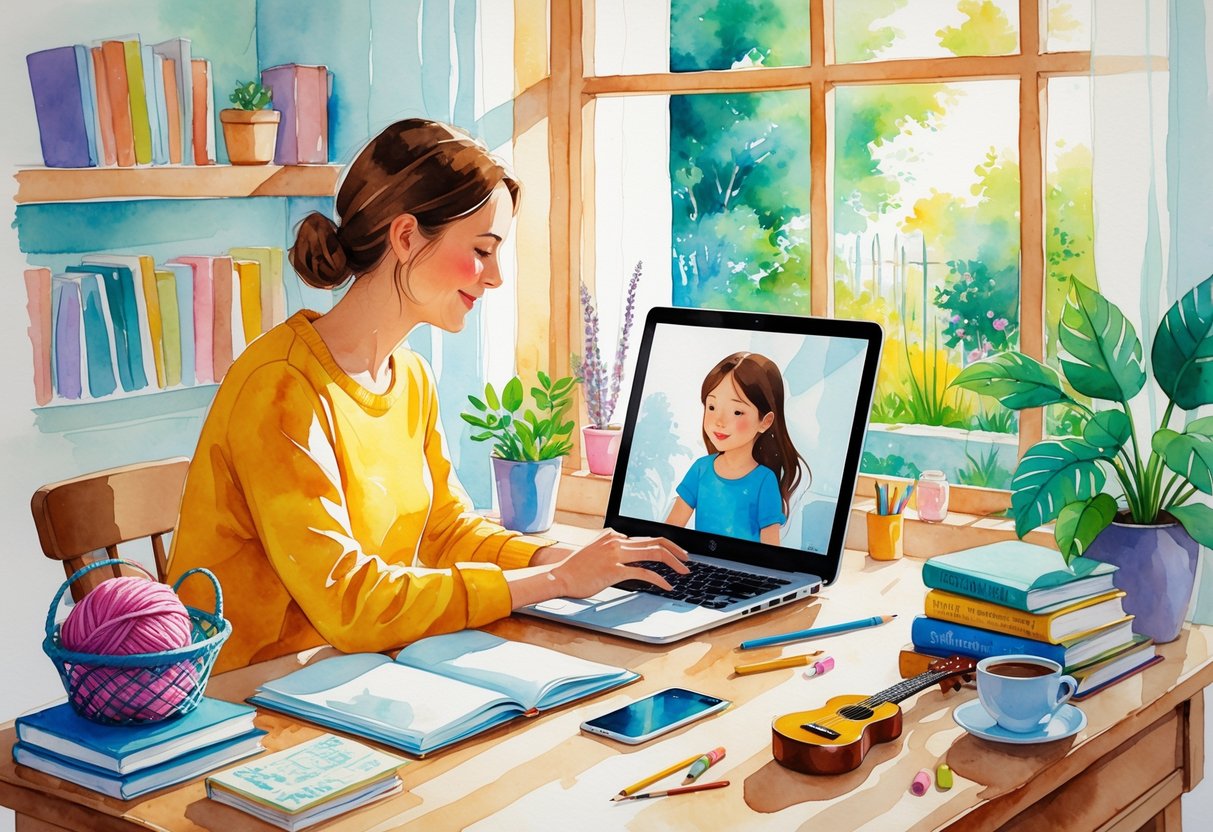 A parent sitting at a desk using a laptop for online tutoring in a cozy room surrounded by knitting supplies, books, plants, and a musical instrument.