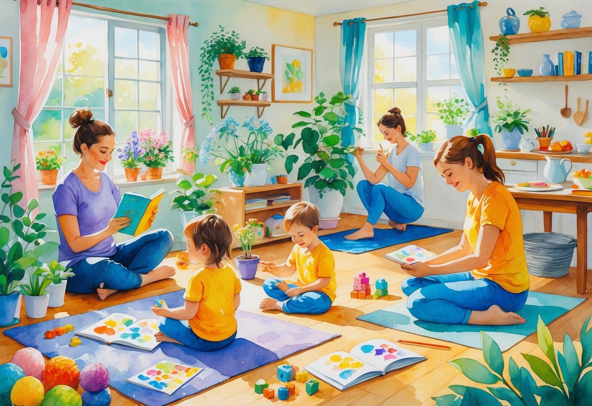 A cozy home scene showing parents and children engaged in various hobbies like reading, gardening, painting, yoga, knitting, cooking, and playing together.
