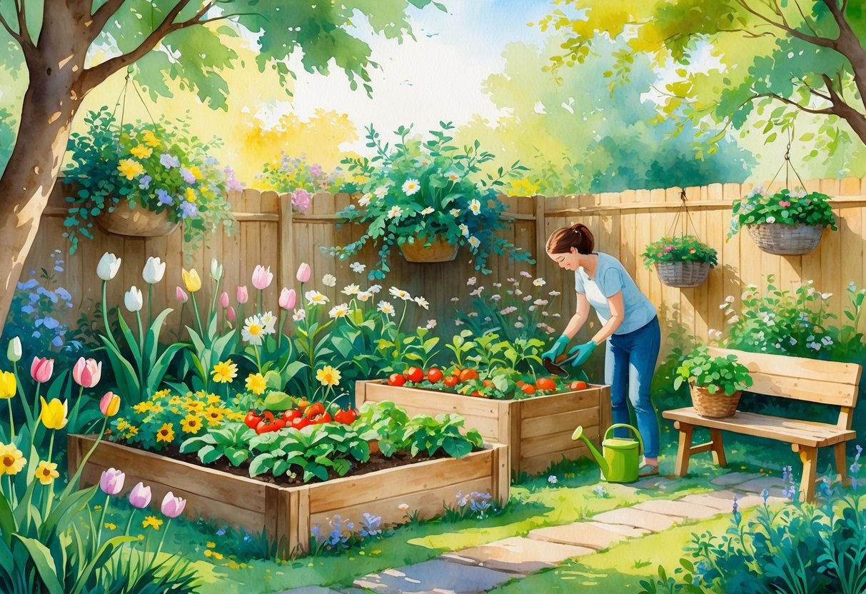 A parent and child gardening together in a colorful backyard filled with flowers, vegetables, and plants on a sunny day.