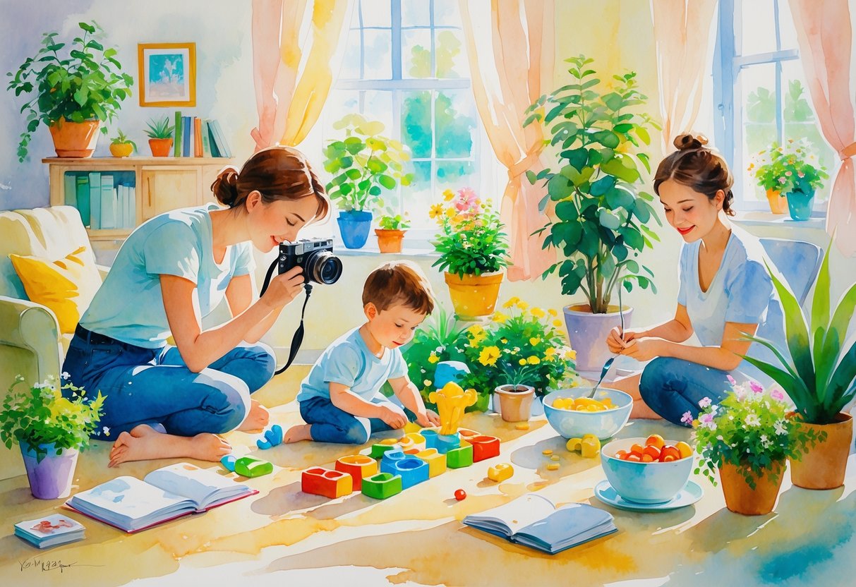 A cozy home scene showing parents engaging in hobbies like photographing children, gardening, reading, painting, and cooking.