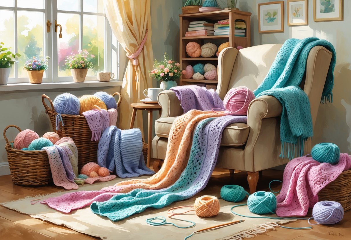 A warm living room with people knitting and crocheting colorful yarns, surrounded by crafting supplies and a cat resting nearby.