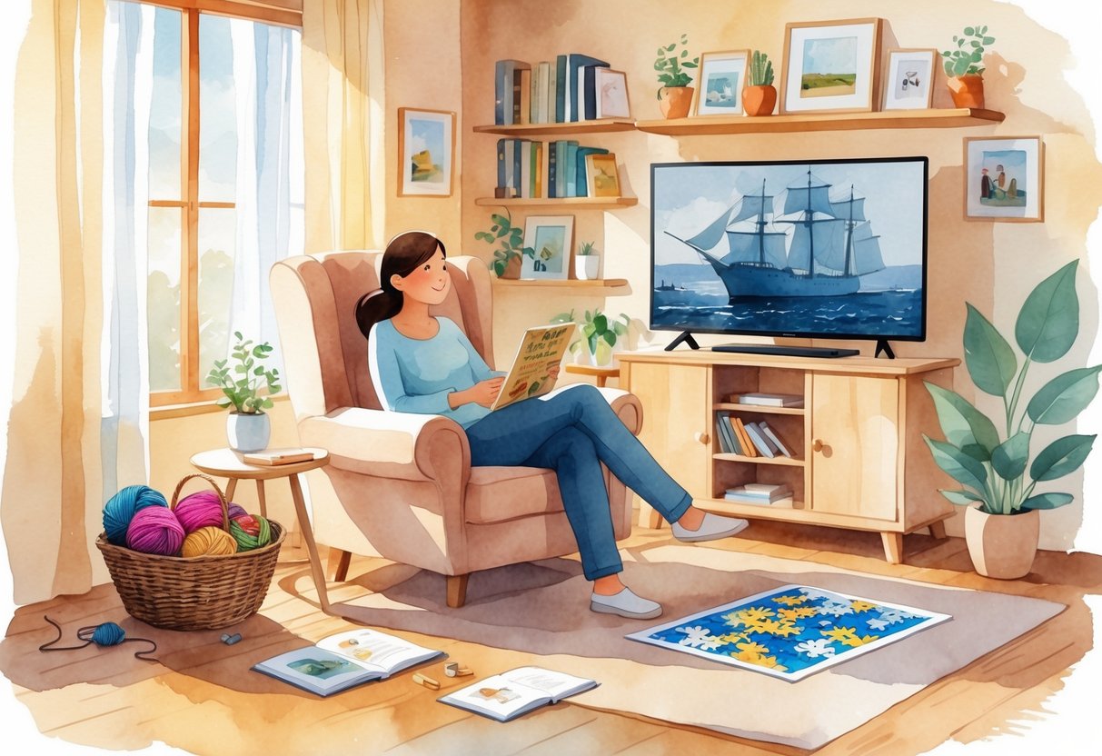A parent sitting in a cozy living room watching a history documentary on TV surrounded by hobby items like yarn, a sketchbook, a puzzle, and a cup of tea.