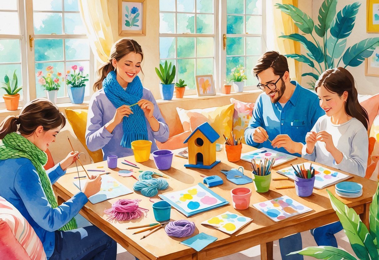 A cozy indoor scene showing parents engaged in various craft activities like knitting, painting, and scrapbooking at a wooden table surrounded by craft materials and finished projects.
