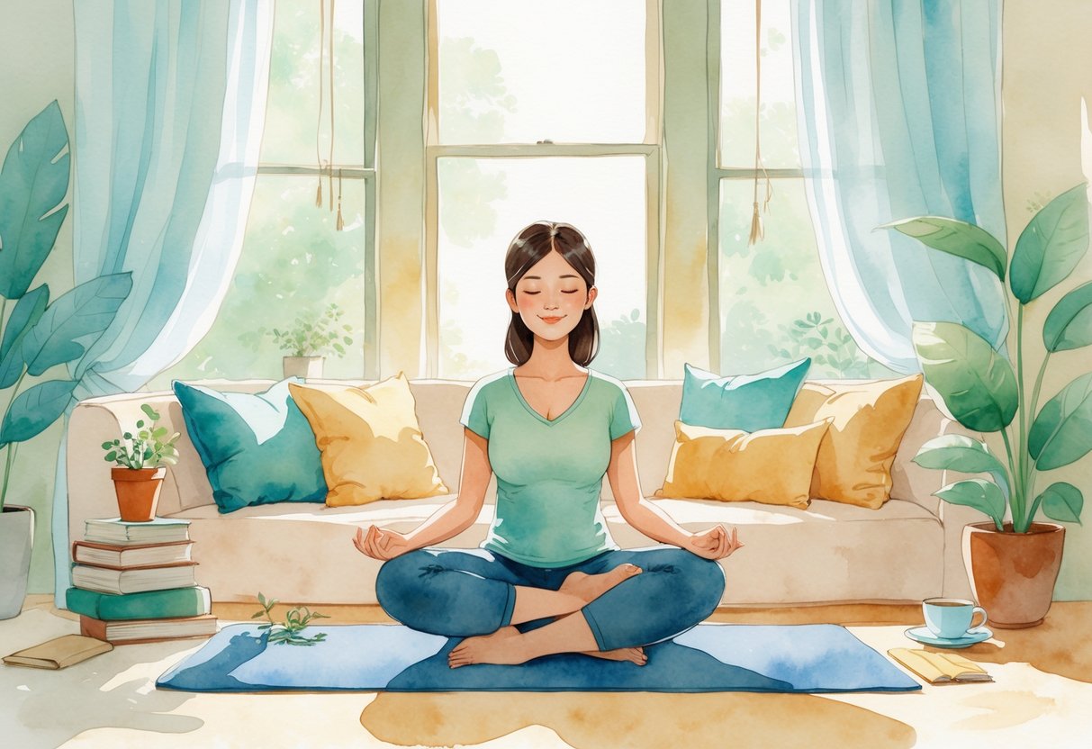 A parent sitting cross-legged on a yoga mat in a bright living room, meditating peacefully with eyes closed, surrounded by books, plants, and cozy home decor.