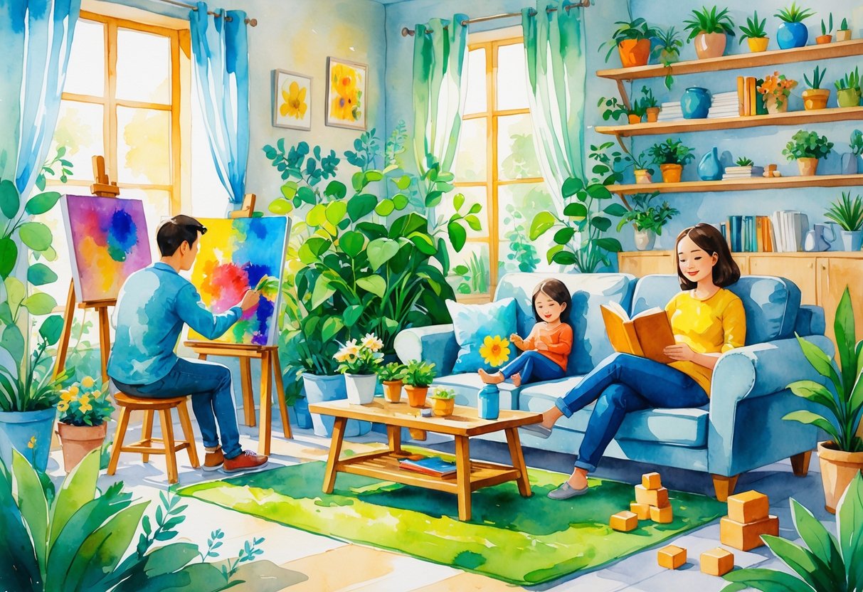 A cozy home scene with parents enjoying painting, gardening, and reading while spending time with their children.