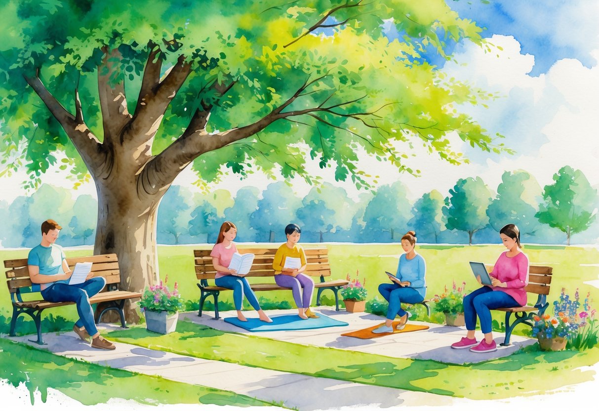 People enjoying various hobbies like reading, sketching, yoga, playing guitar, knitting, meditating, journaling, gardening, photography, and puzzles in a sunny park during lunch break.
