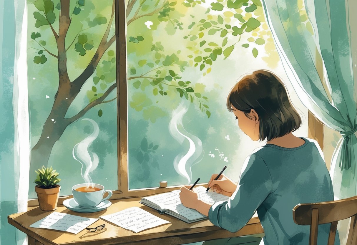 A person sitting at a wooden table by a window, writing in a notebook with a cup of tea nearby and sunlight coming through leafy trees outside.