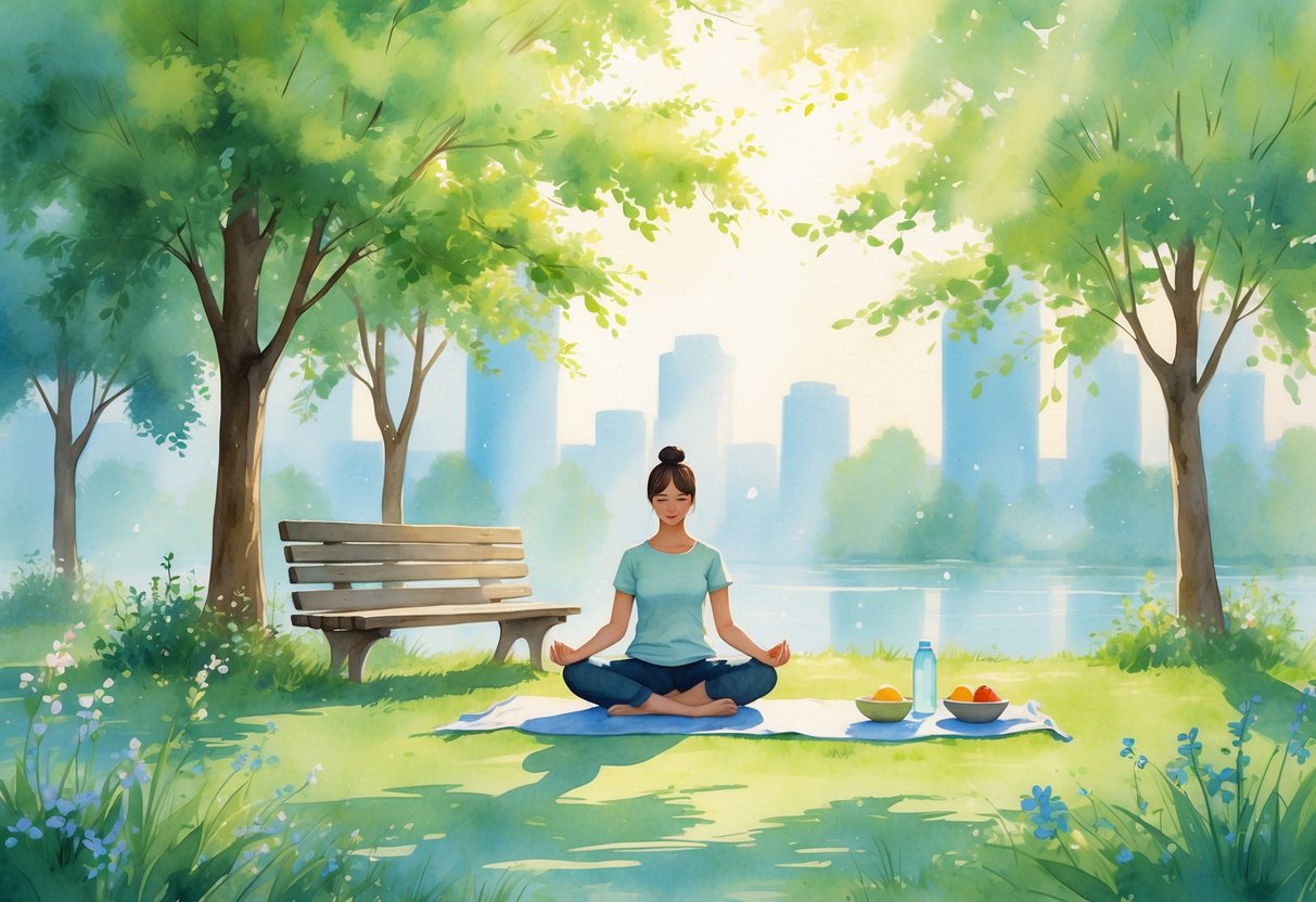 A person sitting cross-legged on a bench in a peaceful park, meditating during a lunch break with trees and flowers around and a small picnic nearby.