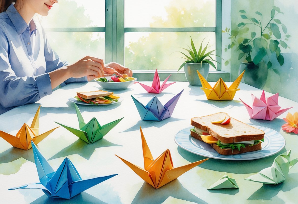 A person folding origami paper at a table with a lunch and a plant nearby in a calm indoor setting.