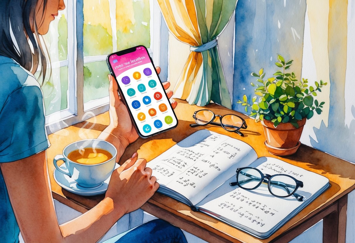 A person sitting at a table by a window using a smartphone with language learning apps, surrounded by a cup of tea, an open notebook, glasses, and a small plant.