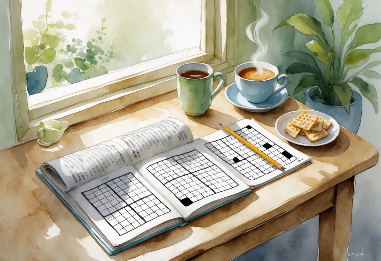 A person sitting at a table near a window, working on Sudoku and crossword puzzles with a cup of tea and snacks nearby.