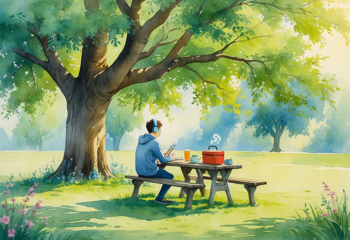 A person sitting on a bench in a park, wearing headphones and listening attentively with a lunchbox and notebook nearby.