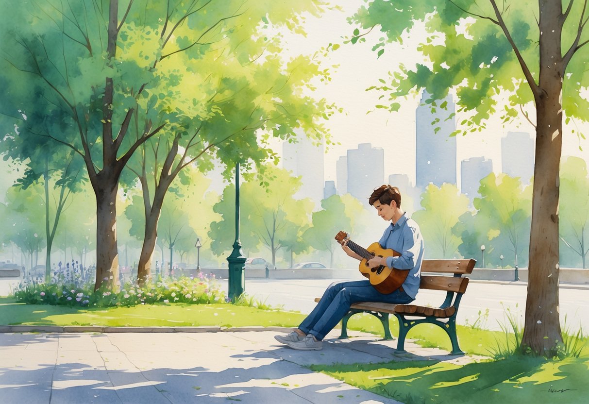 A person sitting on a park bench playing a guitar or ukulele during their lunch break surrounded by trees and flowers.