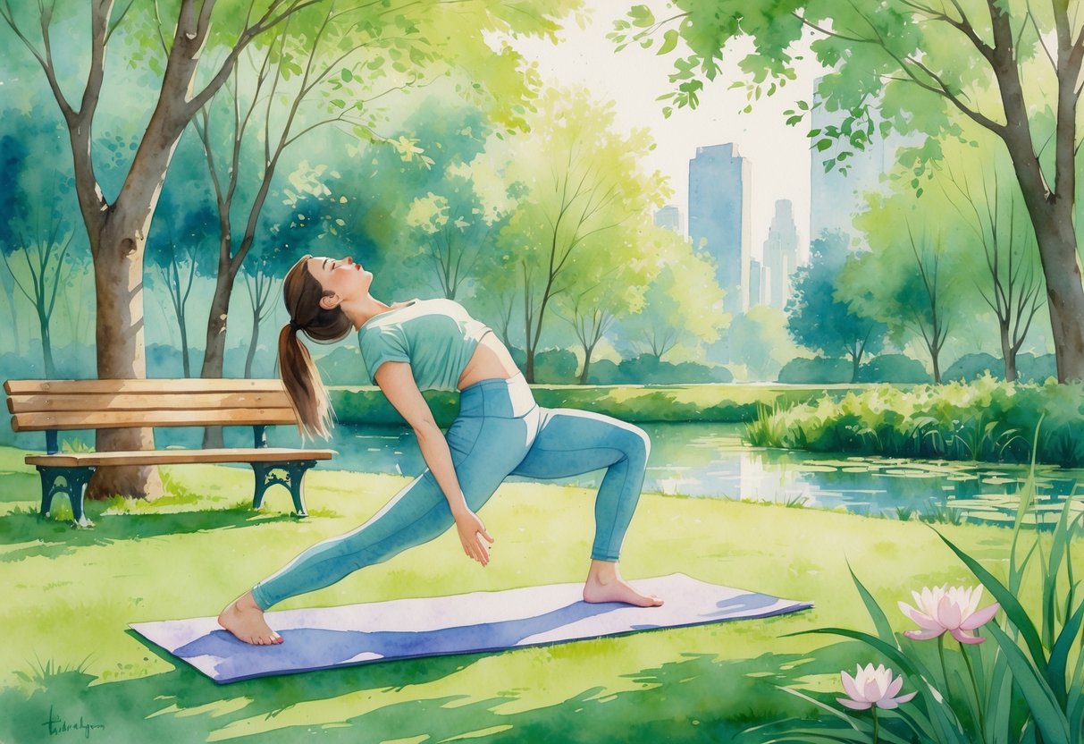 A person doing yoga stretches on a mat in a green park with trees, a pond, and city buildings in the distance.